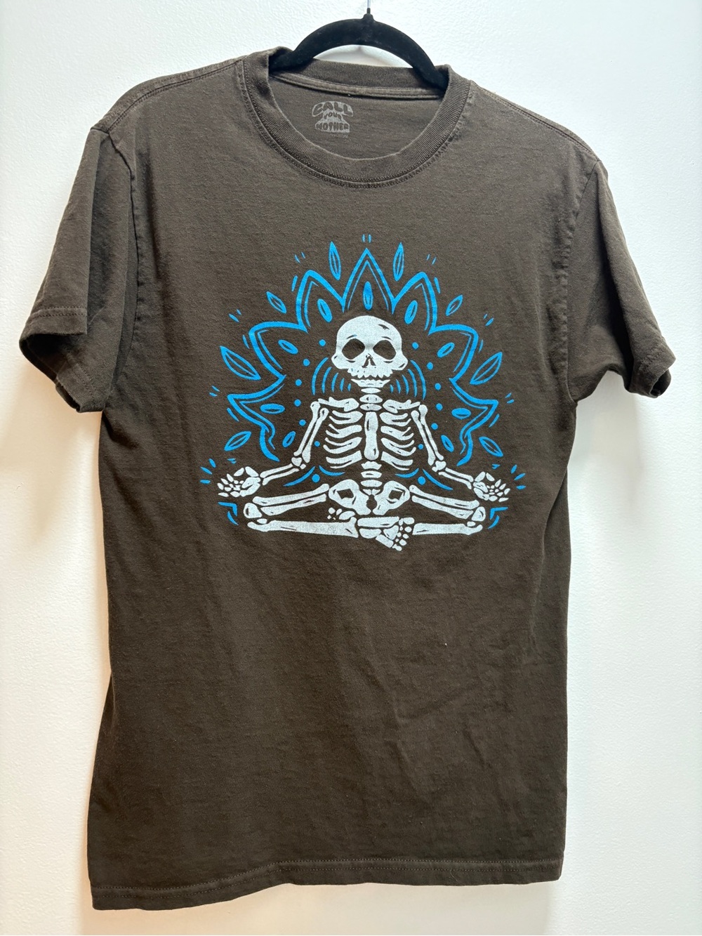 Call Your Mother Brown Short-Sleeve Crewneck Tee with Blue Skeleton Yoga